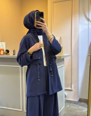 ghisa belden bağlama ip detaylı modal ceketli takım indigo 4