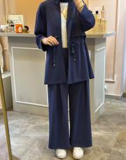 ghisa belden bağlama ip detaylı modal ceketli takım indigo 5