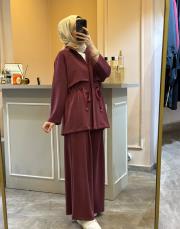 ghisa belden bağlama ip detaylı modal ceketli takım bordo