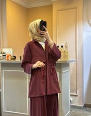 ghisa belden bağlama ip detaylı modal ceketli takım bordo 2