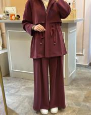 ghisa belden bağlama ip detaylı modal ceketli takım bordo 6