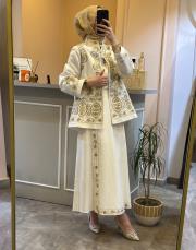 ghisa nakış işlemeli kanvas ceket etek takım ekru