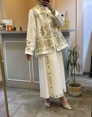 ghisa nakış işlemeli kanvas ceket etek takım ekru 5