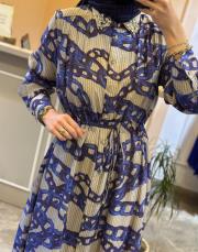 ghisa yakası taşlı zincir desenli boydan düğmeli elbise gri 2