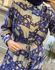 ghisa yakası taşlı zincir desenli boydan düğmeli elbise gri 6