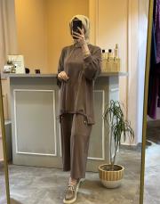 ghisa tuniği ip ve ribana detaylı rahat takım kahve