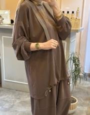 ghisa tuniği ip ve ribana detaylı rahat takım kahve 3