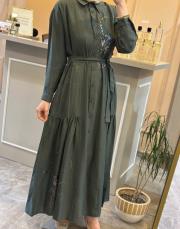 ceremony önü baskılı ve büzgü detaylı safari kap yeşil 2