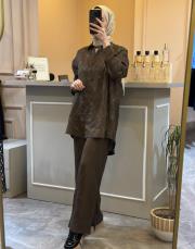 ghisa taşlı keten takım kahve