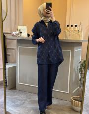 ghisa taşlı keten takım indigo