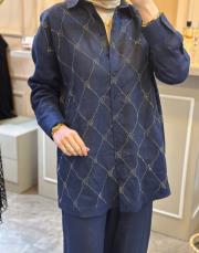 ghisa taşlı keten takım indigo 2