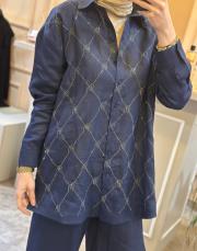 ghisa taşlı keten takım indigo 3