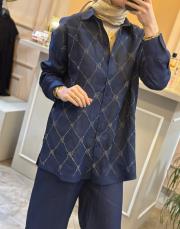 ghisa taşlı keten takım indigo 4