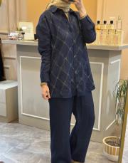 ghisa taşlı keten takım indigo 5