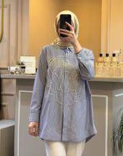 ghisa önü boncuk işlemeli çizgili gömlek lacivert