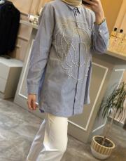 ghisa önü boncuk işlemeli çizgili gömlek lacivert 2