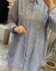 ghisa önü boncuk işlemeli çizgili gömlek lacivert 4