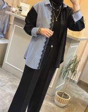 ghisa iki renkli dantel detaylı gömlek yeşil 2