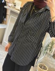 ghisa yandan bağlamalı kuş detaylı gömlek siyah beyaz 3