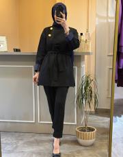 ghisa önden düğme detaylı kolları desenli trenç siyah