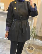 ghisa önden düğme detaylı kolları desenli trenç siyah 2