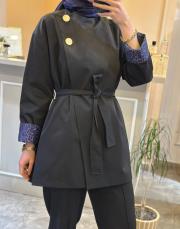 ghisa önden düğme detaylı kolları desenli trenç siyah 4