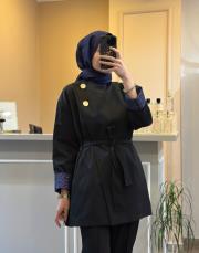 ghisa önden düğme detaylı kolları desenli trenç siyah 5