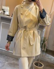 ghisa önden düğme detaylı kolları desenli trenç bej 2