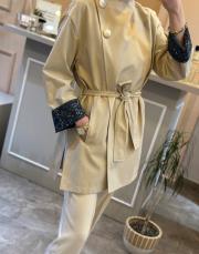 ghisa önden düğme detaylı kolları desenli trenç bej 4