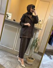 ghisa önü dantel işlemeli kapşonlu çizgili takım kahve