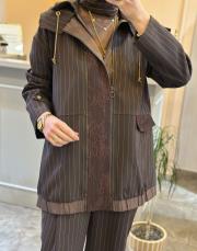 ghisa önü dantel işlemeli kapşonlu çizgili takım kahve 2