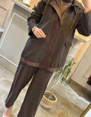 ghisa önü dantel işlemeli kapşonlu çizgili takım kahve 3