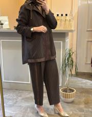 ghisa önü dantel işlemeli kapşonlu çizgili takım kahve 4