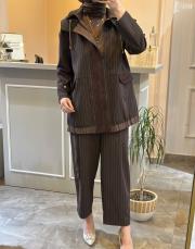 ghisa önü dantel işlemeli kapşonlu çizgili takım kahve 5