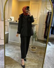 ghisa önü dantel işlemeli kapşonlu çizgili takım siyah