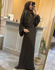 ghisa omuz ve sırt kısmı boncuk işlemeli abaya takım kahve 2