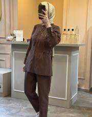 ghisa belden kemer detaylı keten takım kahve 2