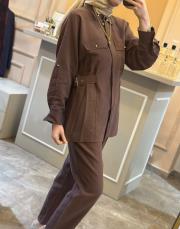 ghisa belden kemer detaylı keten takım kahve 5