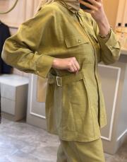 ghisa belden kemer detaylı keten takım yeşil 2