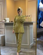 ghisa belden kemer detaylı keten takım yeşil 4