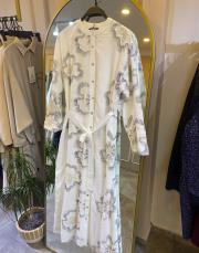 ceremony önden düğmeli çiçek payetli keten elbise ekru