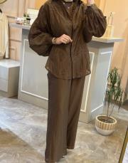 ghisa gömleği çiçek işlemeli takım kahve 2