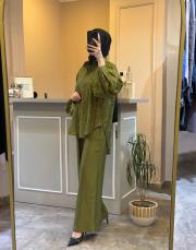 ghisa gömleği çiçek işlemeli takım yeşil