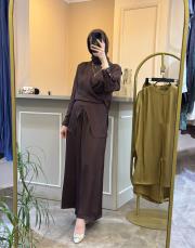 ghisa önden bağlamalı rahat tasarım tunik pantolon takım kahve