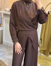 ghisa önden bağlamalı rahat tasarım tunik pantolon takım kahve 2