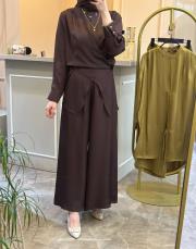 ghisa önden bağlamalı rahat tasarım tunik pantolon takım kahve 3