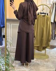 ghisa önden bağlamalı rahat tasarım tunik pantolon takım kahve 4