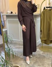 ghisa önden bağlamalı rahat tasarım tunik pantolon takım kahve 5