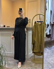 ghisa önden bağlamalı rahat tasarım tunik pantolon takım siyah 6