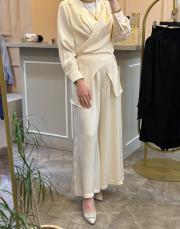 ghisa önden bağlamalı rahat tasarım tunik pantolon takım ekru 2